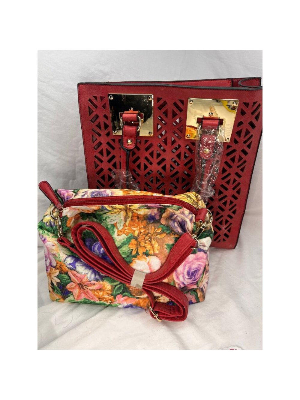 Rimen & Co Red Laser Cut Tote Floral Crossbody 2 Piece Handbag Set NWT